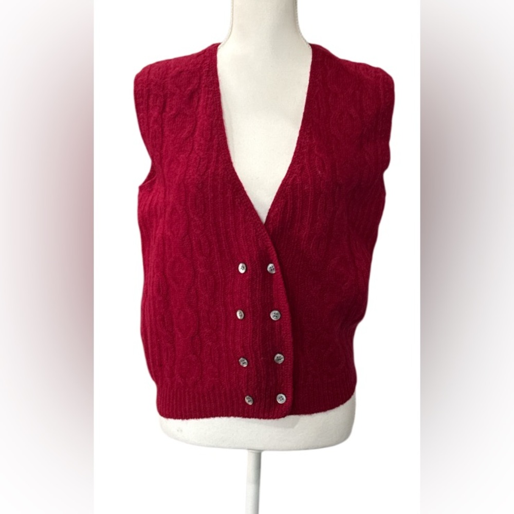 Talbots Red Cable Knit Cardigan Vest 100% wool